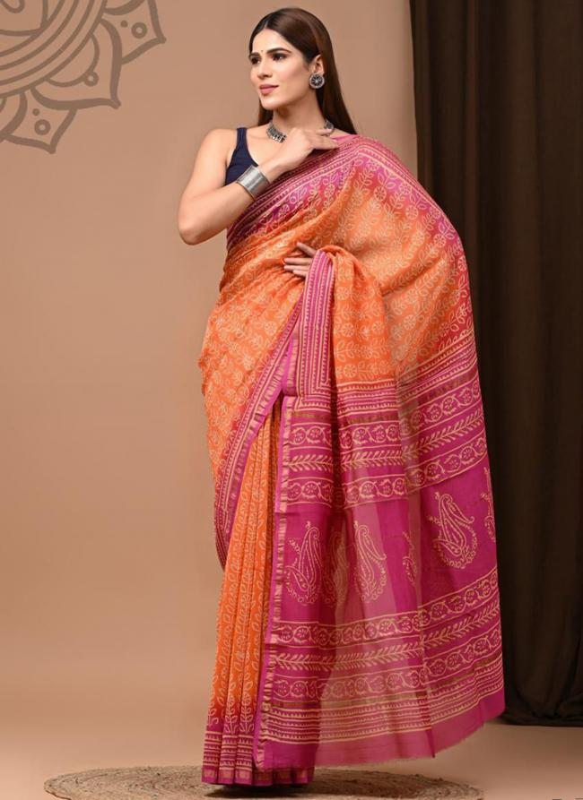 Chanderi Silk Orange Festival Wear Printed Saree